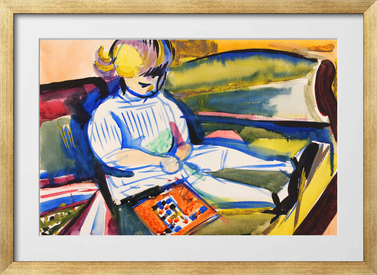Child on Sofa by Henry Lyman Saÿen, in a gold frame