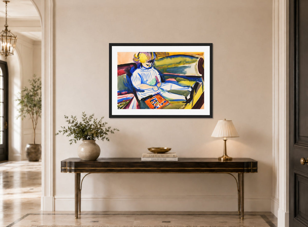 Child on Sofa by Henry Lyman Saÿen, above a console table