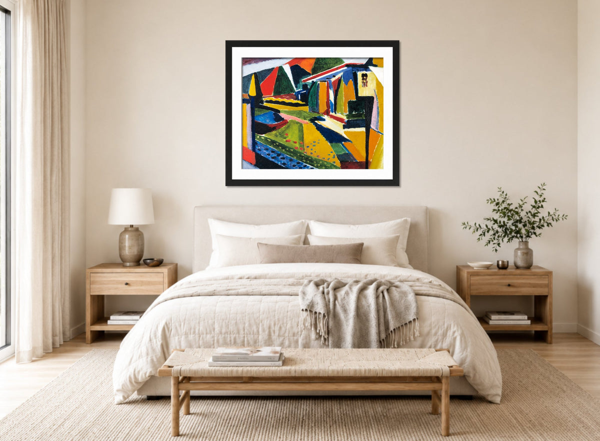 Abstract Landscape by Henry Lyman Saÿen, above a bed