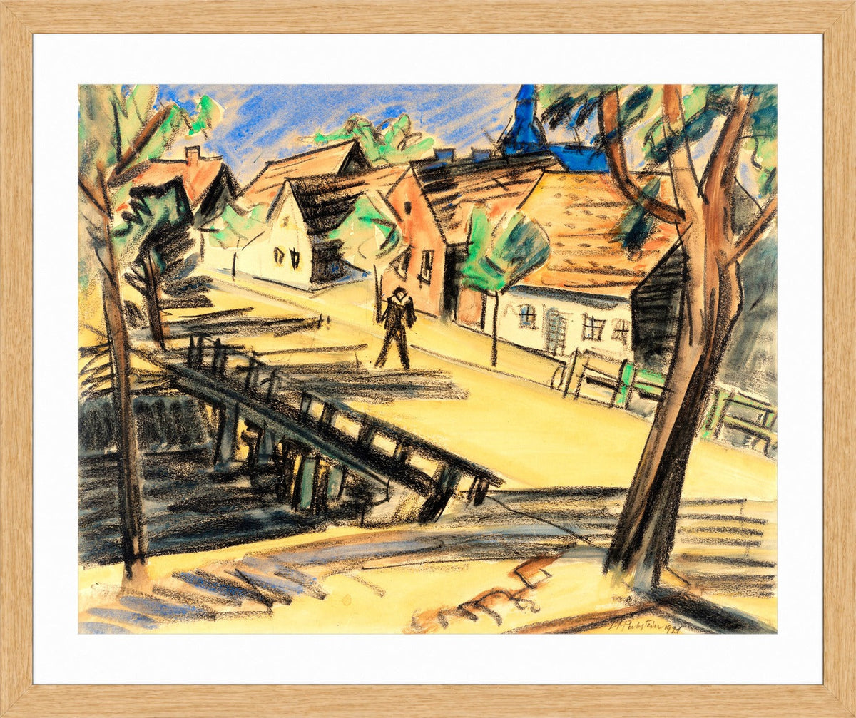 Hermann Max Pechstein Print, Große Mühlengraben-Brücke (Leba) (1921) in a light oak frame