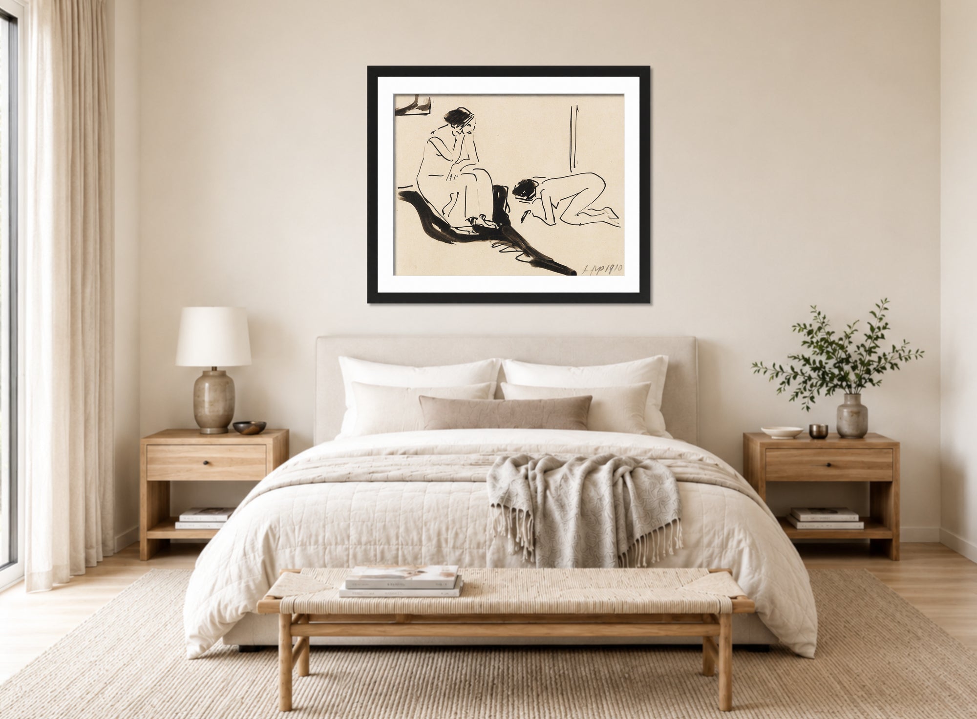 Hermann Max Pechstein Print, A Couple (1910) displayed above a bed
