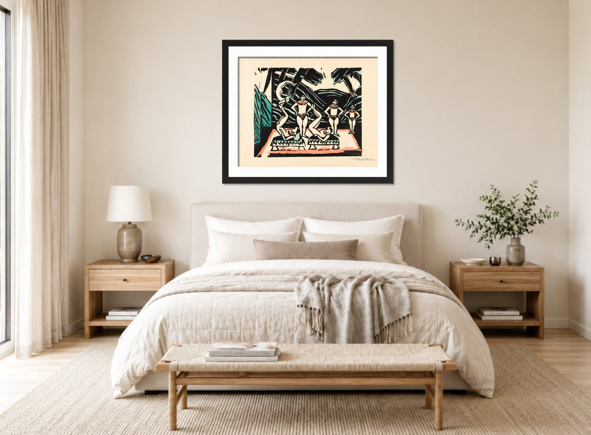 Hermann Max Pechstein Print, Akrobaten III (1912) displayed above a bed