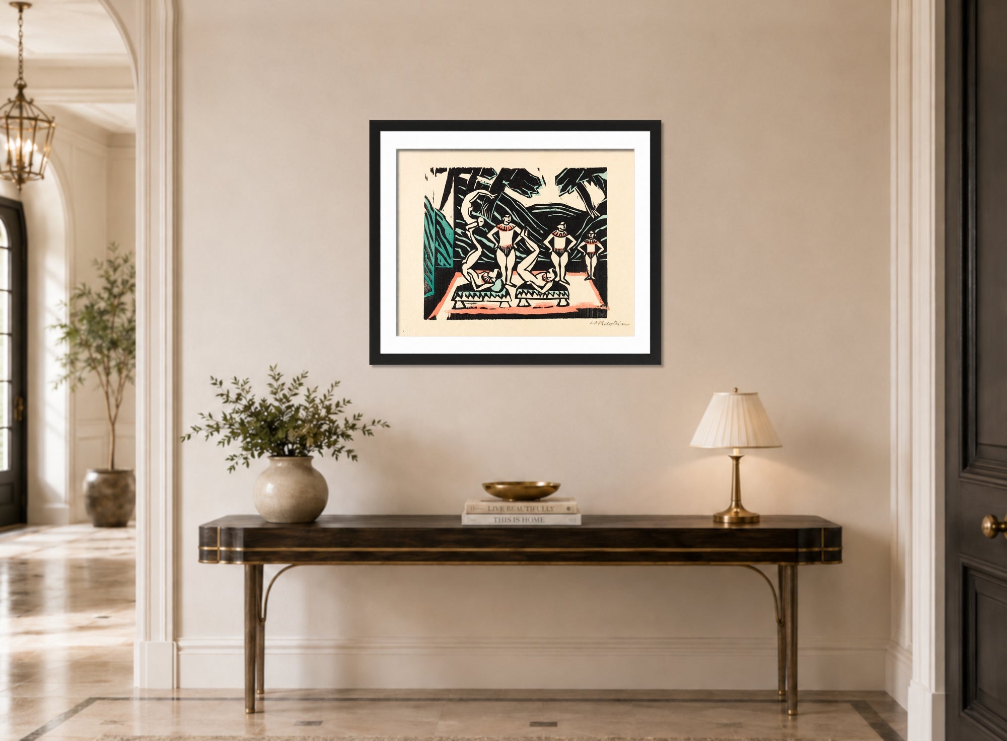 Hermann Max Pechstein Print, Akrobaten III (1912) displayed above a console table