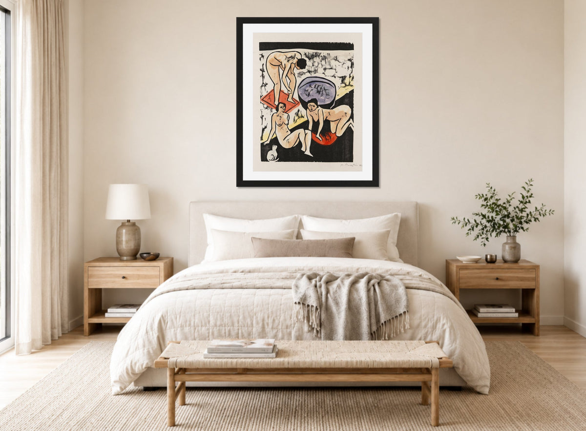 Hermann Max Pechstein Print, Bathers I (1911) displayed above a bed