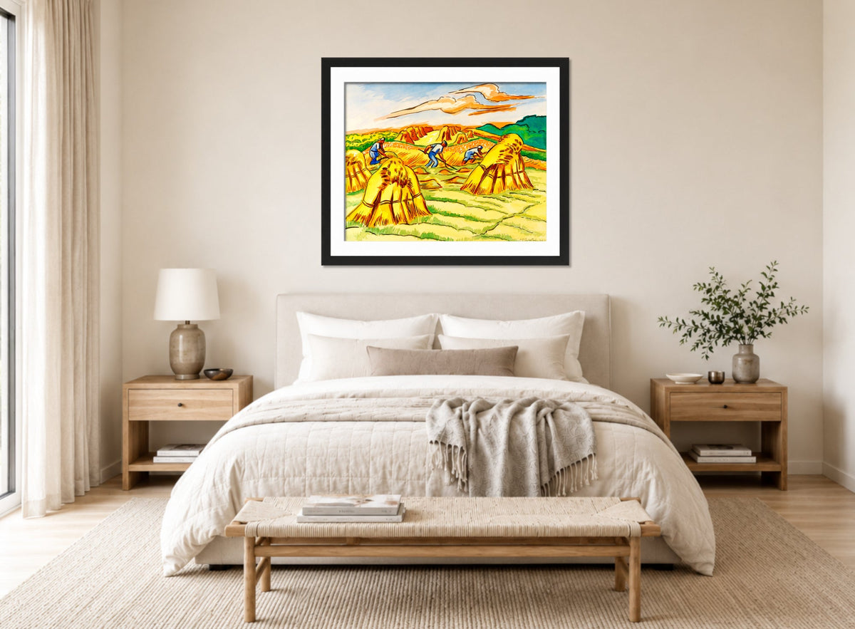 Hermann Max Pechstein Print, Beim Mähen V (1951) displayed above a bed