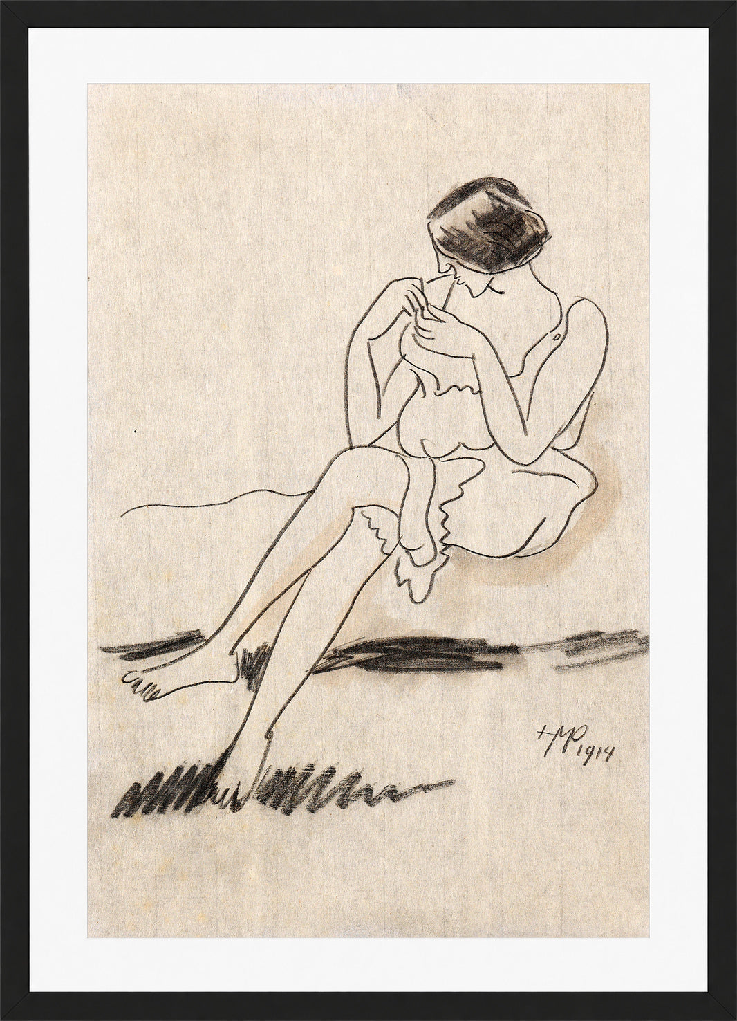 Hermann Max Pechstein Print, Beim Trägerknöpfen (1914) in a black frame