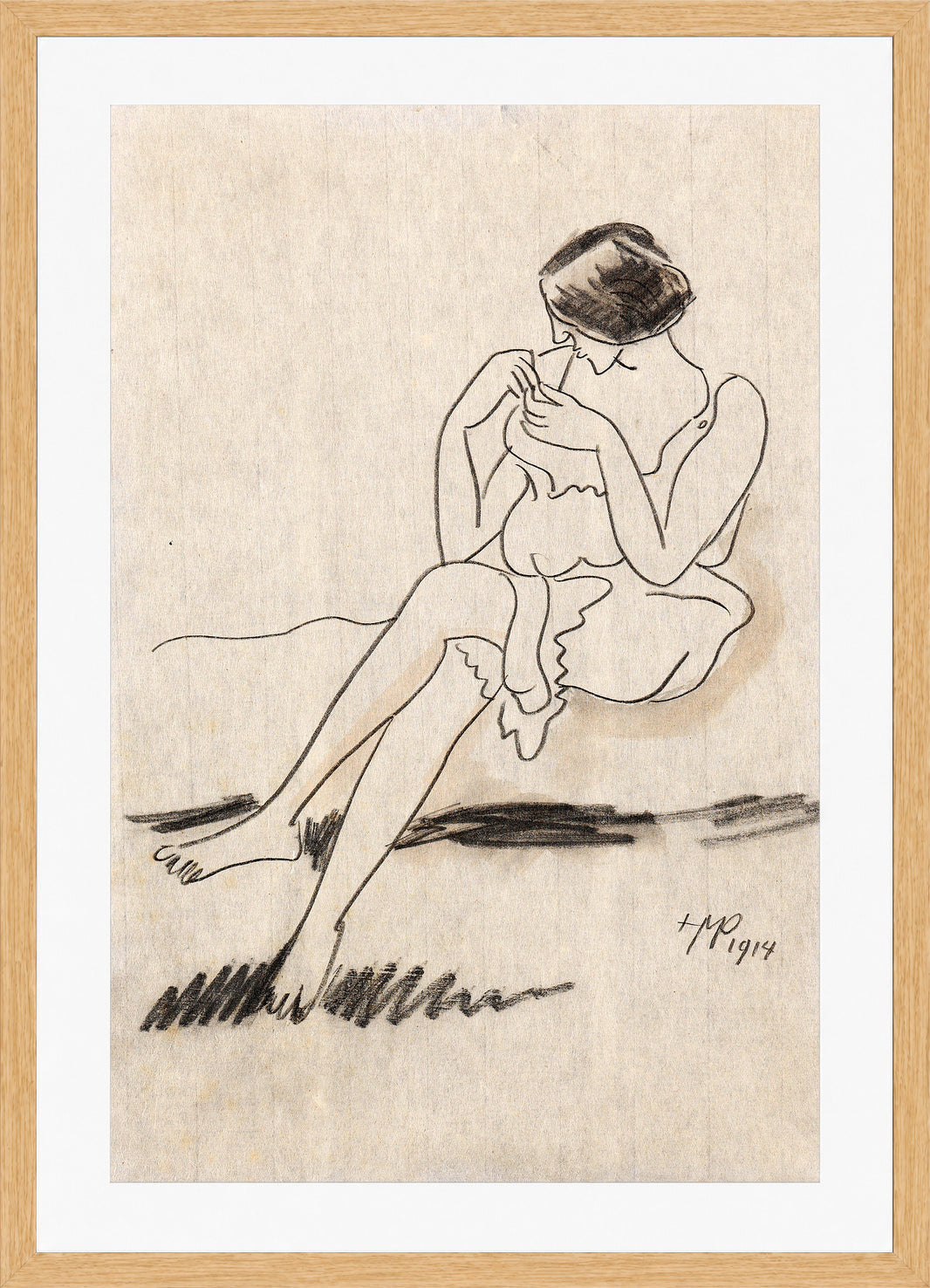 Hermann Max Pechstein Print, Beim Trägerknöpfen (1914) in a light oak frame