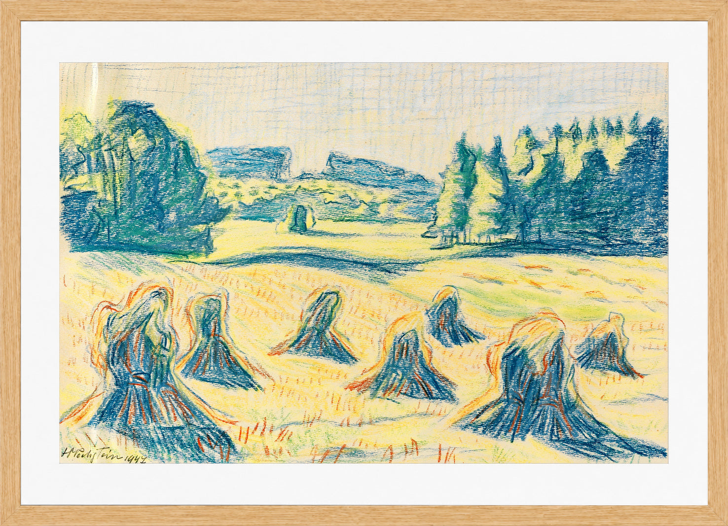 Hermann Max Pechstein Print, Blue corn stalks in a forest meadow (1947) in a light oak frame