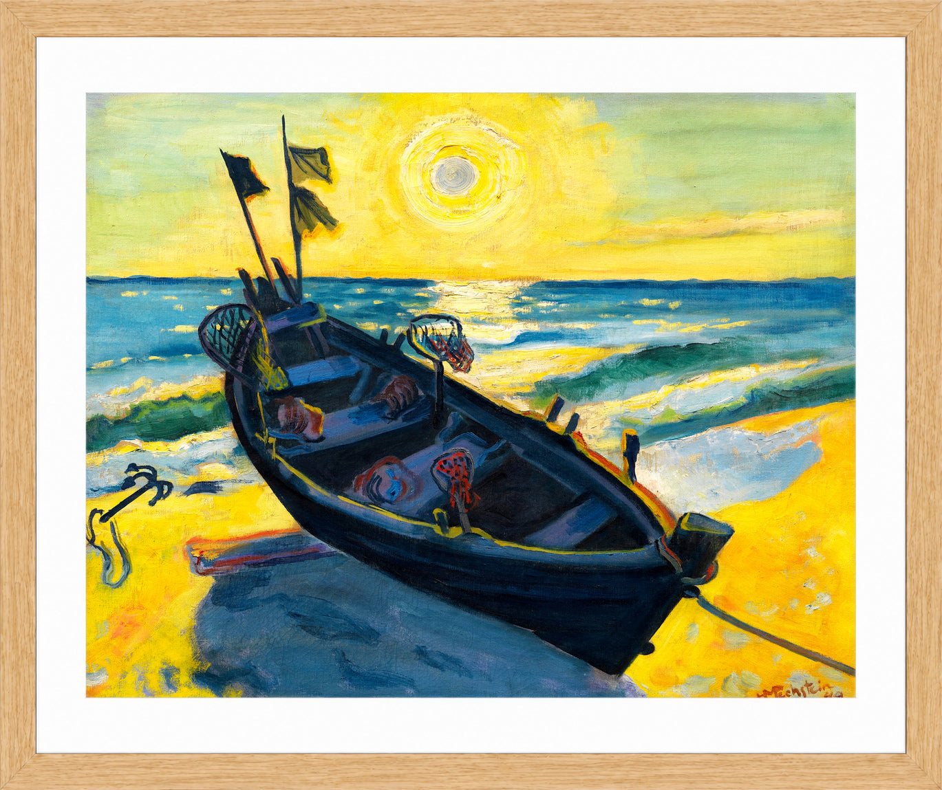 Hermann Max Pechstein Print, Boat at sunrise (1949) in a light oak frame