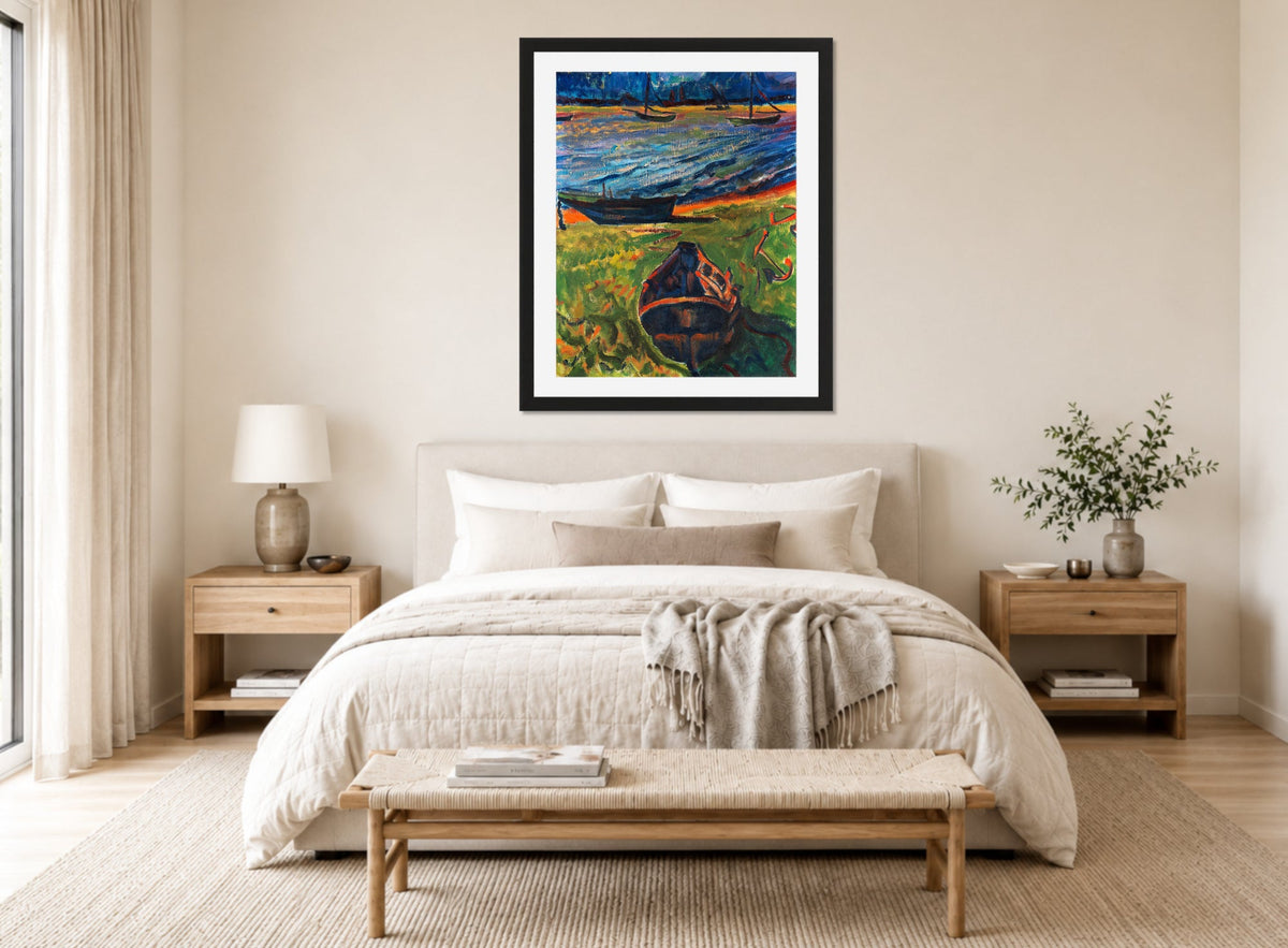 Hermann Max Pechstein Print, Boats at Dangasterpriel (1910) displayed above a bed