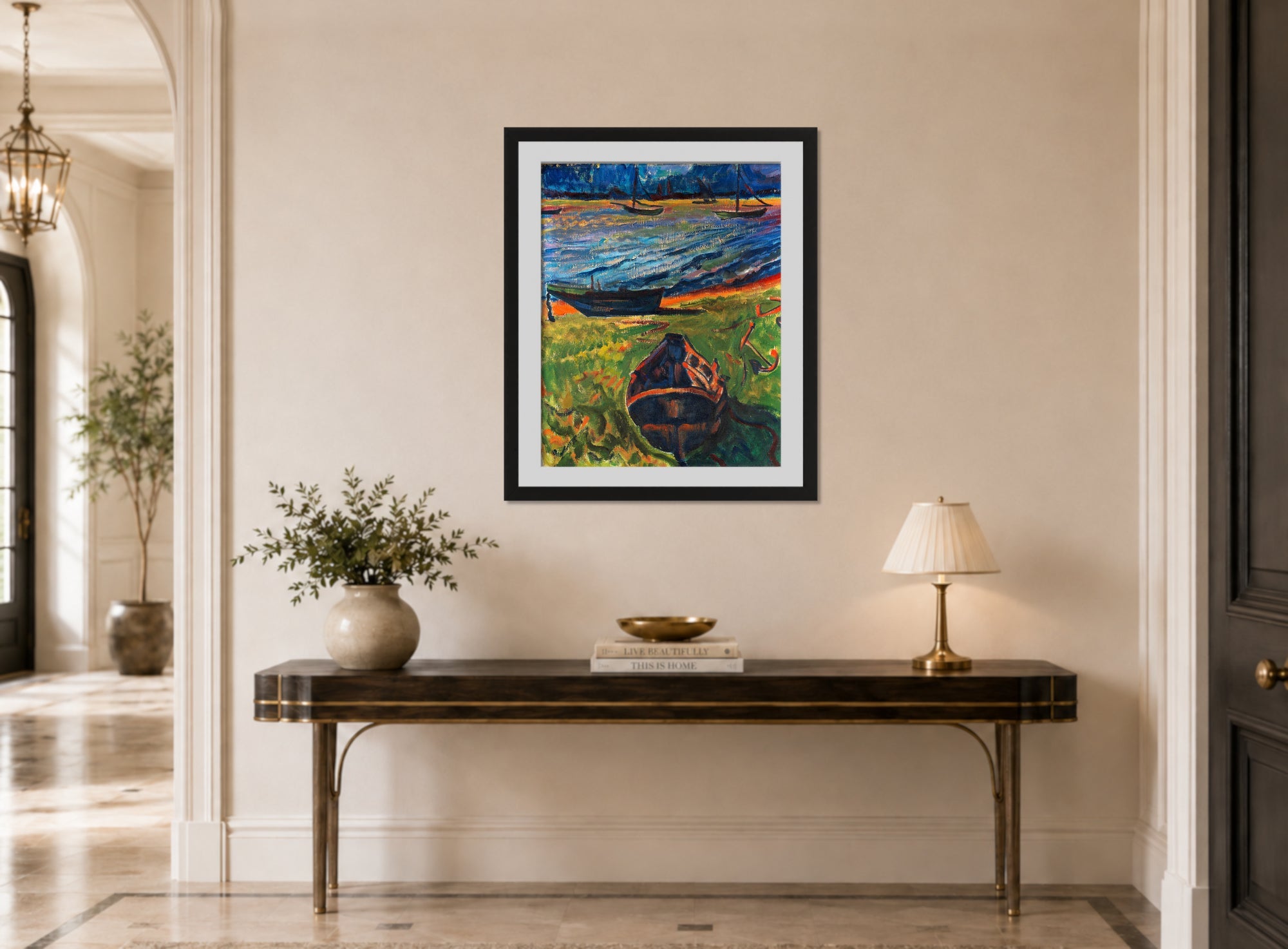 Hermann Max Pechstein Print, Boats at Dangasterpriel (1910) displayed above a console table