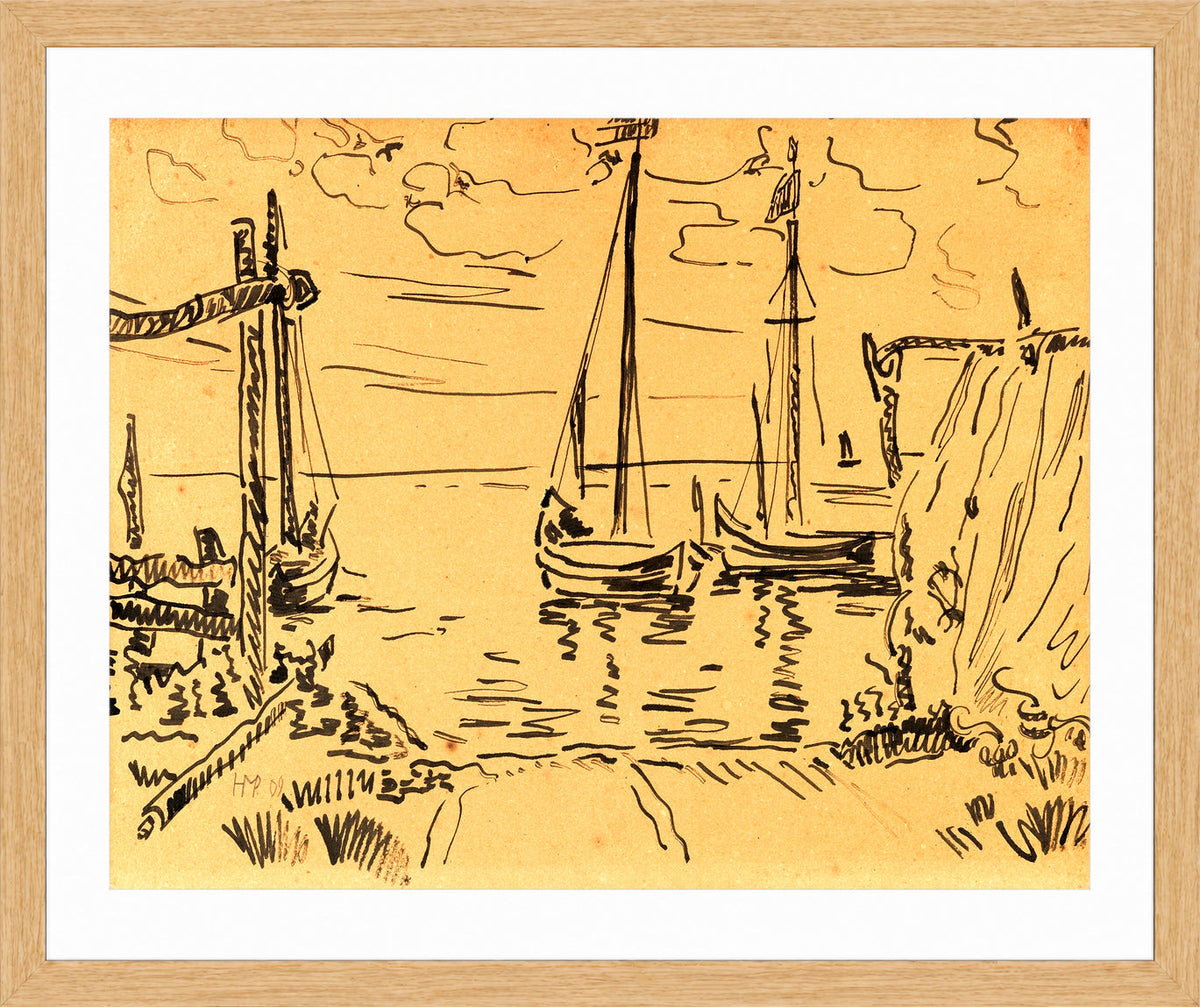 Hermann Max Pechstein Print, Boats in Nida (1909) in a light oak frame