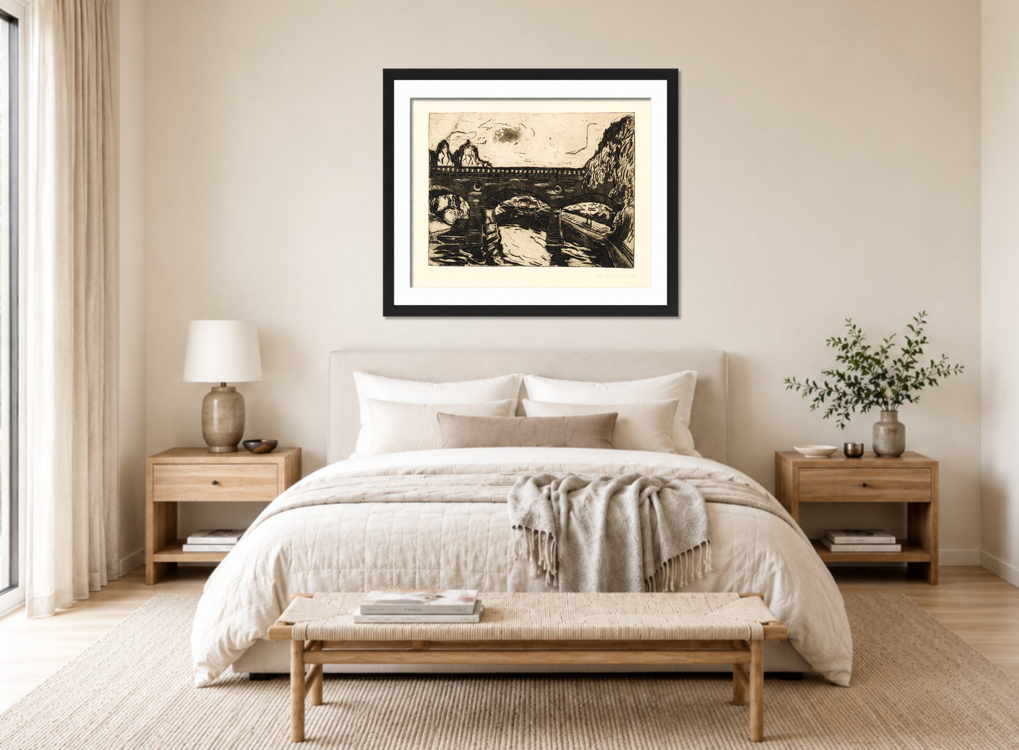Hermann Max Pechstein Print, Bridge (1908) displayed above a bed