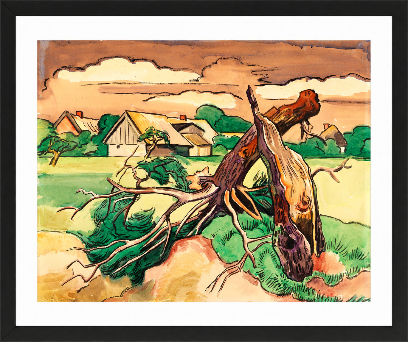 Hermann Max Pechstein Print, Broken tree in front of a Pomeranian village landscape (1927) in a black frame