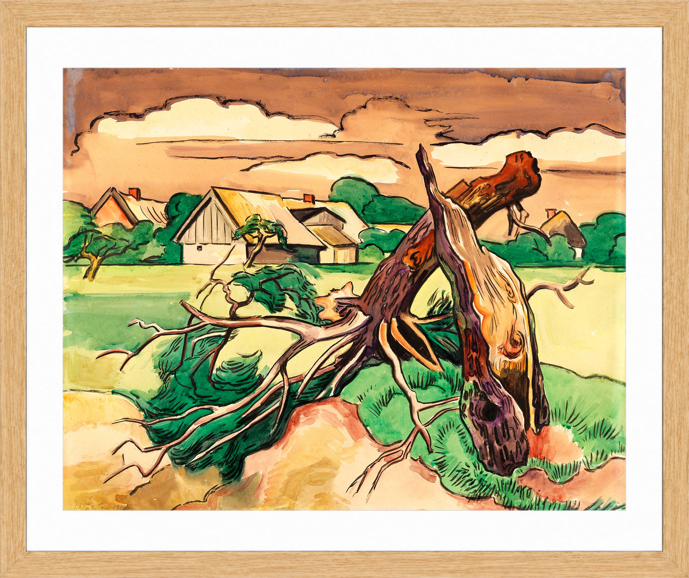 Hermann Max Pechstein Print, Broken tree in front of a Pomeranian village landscape (1927) in a light oak frame