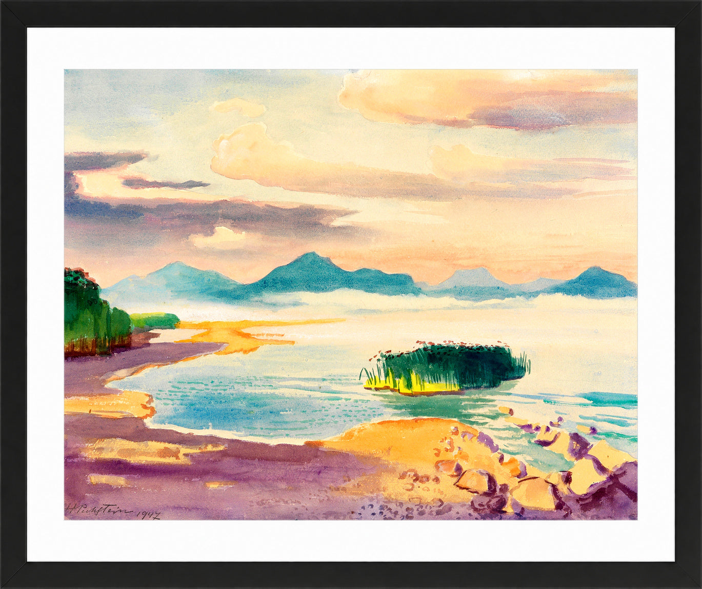 Hermann Max Pechstein Print, Chiemsee shore (1947) in a black frame
