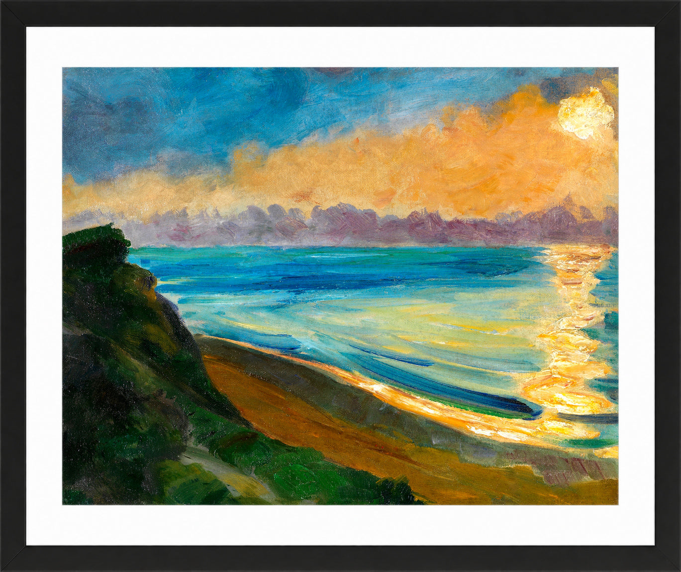 Hermann Max Pechstein Print, Cliffs and sun reflection (1922) in a black frame