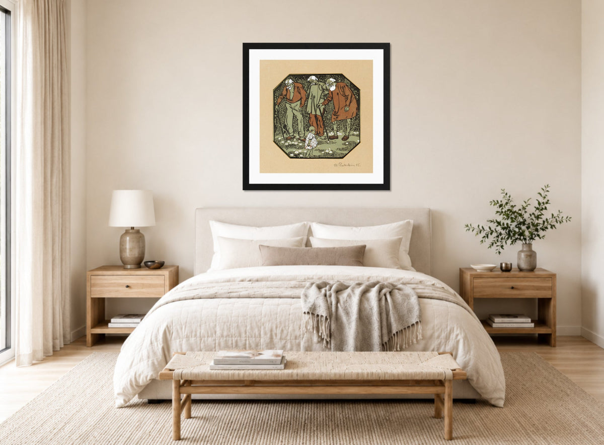 Hermann Max Pechstein Print, Coming and Going (Childhood and Old Age) (1905) displayed above a bed