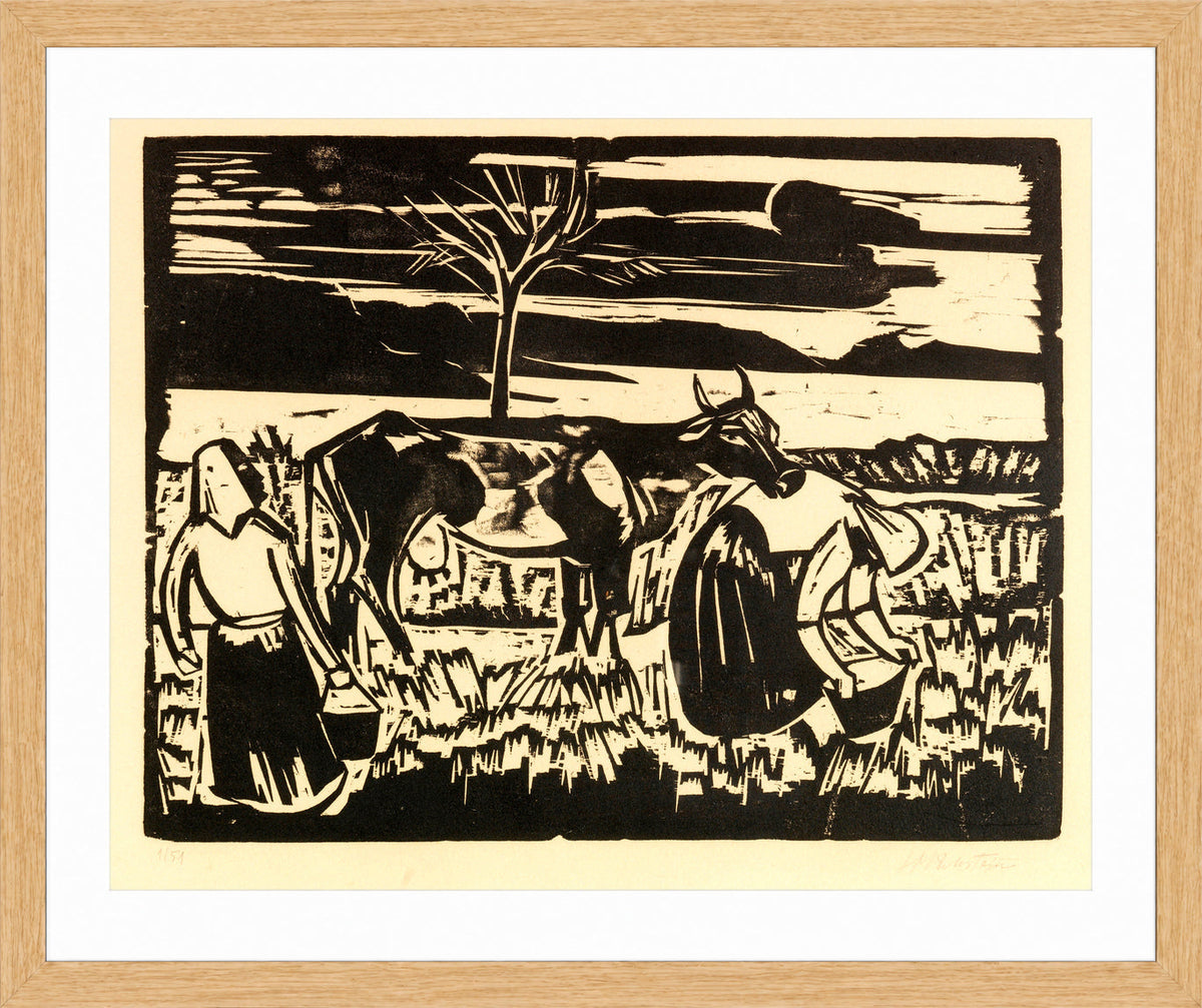 Hermann Max Pechstein Print, Cow with Women (1923) in a light oak frame