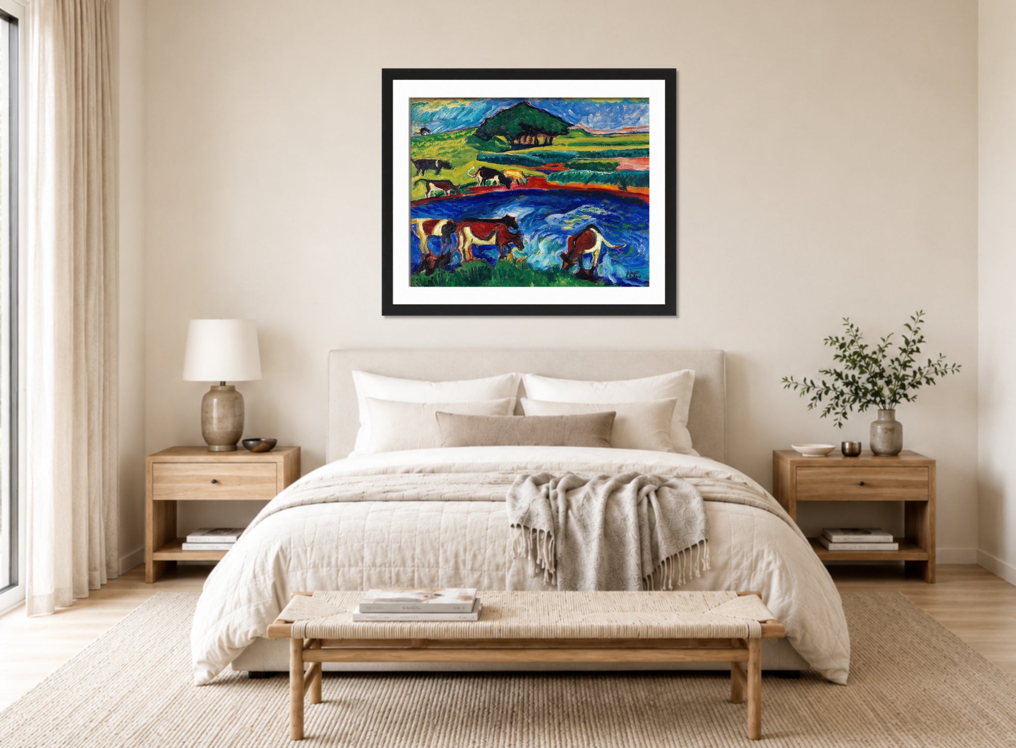 Hermann Max Pechstein Print, Cows (1910) displayed above a bed