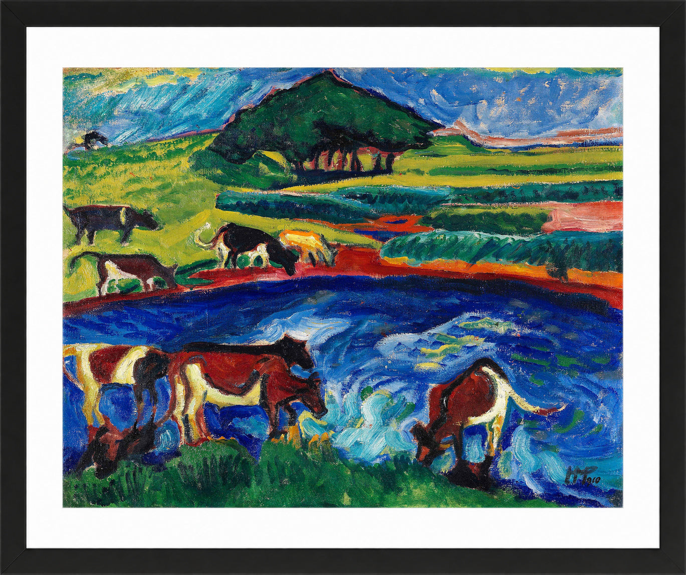 Hermann Max Pechstein Print, Cows (1910) in a black frame