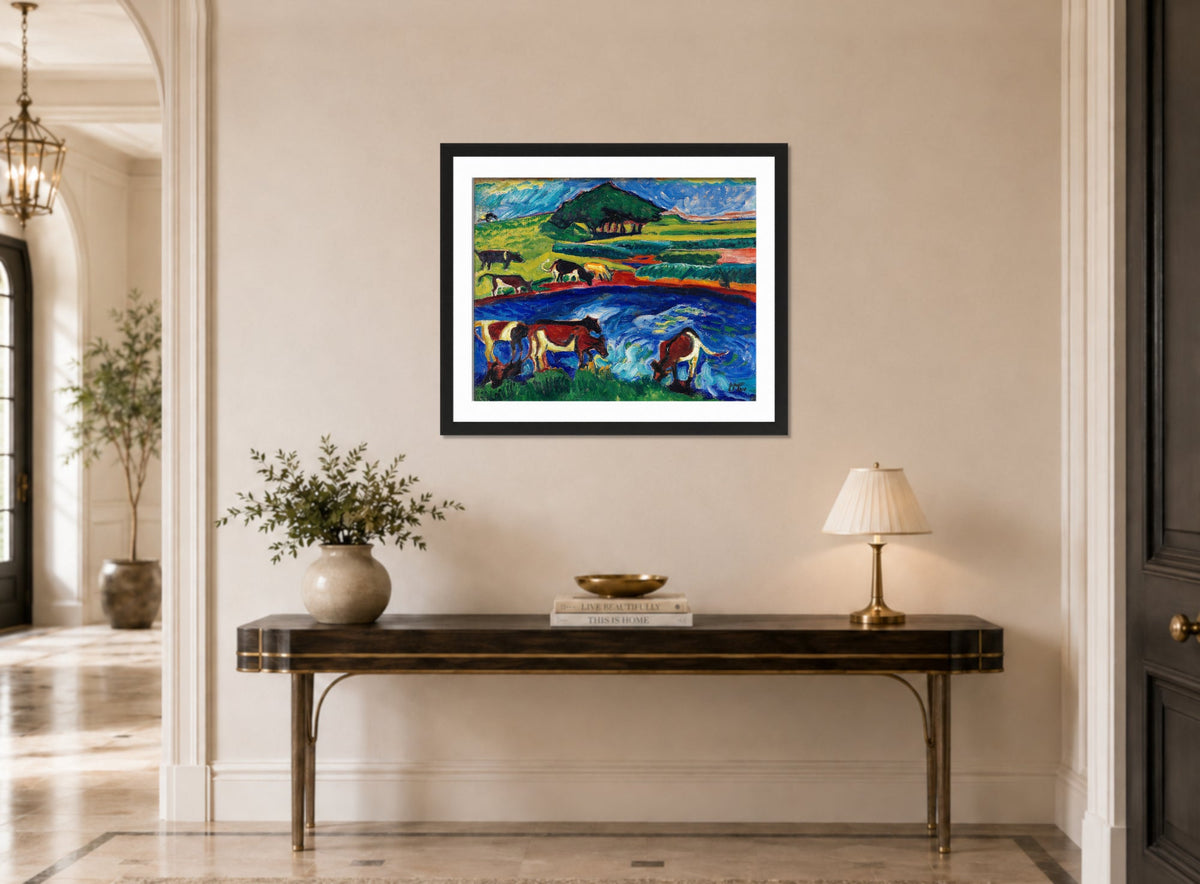Hermann Max Pechstein Print, Cows (1910) displayed above a console table