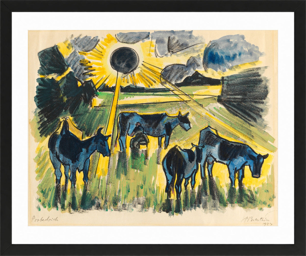 Hermann Max Pechstein Print, Cows in the pasture (1923) in a black frame