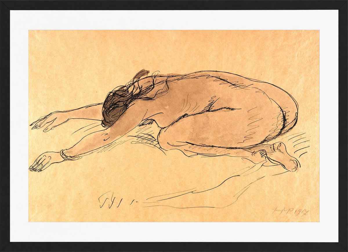 Hermann Max Pechstein Print, Crouching Nude (1917) in a black frame
