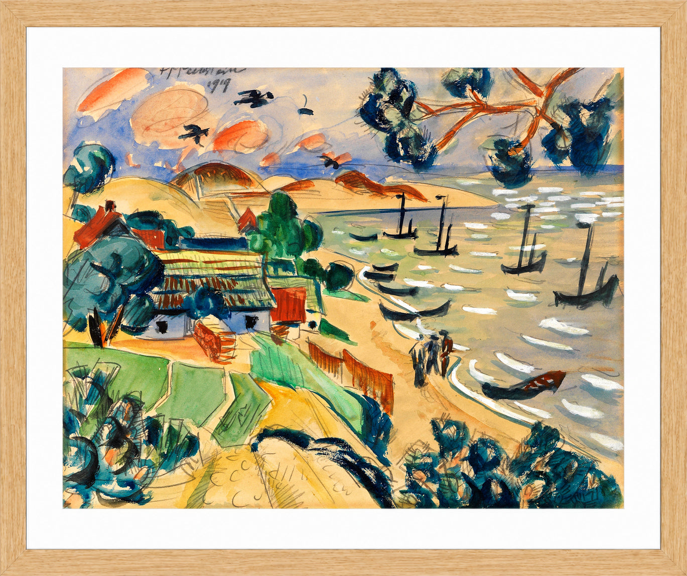 Hermann Max Pechstein Print, Curonian Spit (1919) in a light oak frame