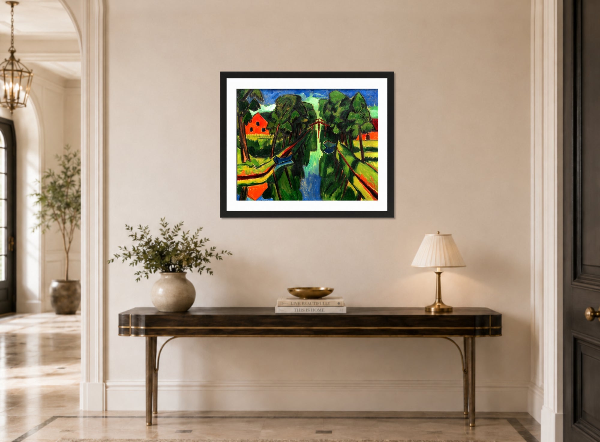 Hermann Max Pechstein Print, Der Mühlengraben (1921) displayed above a console table