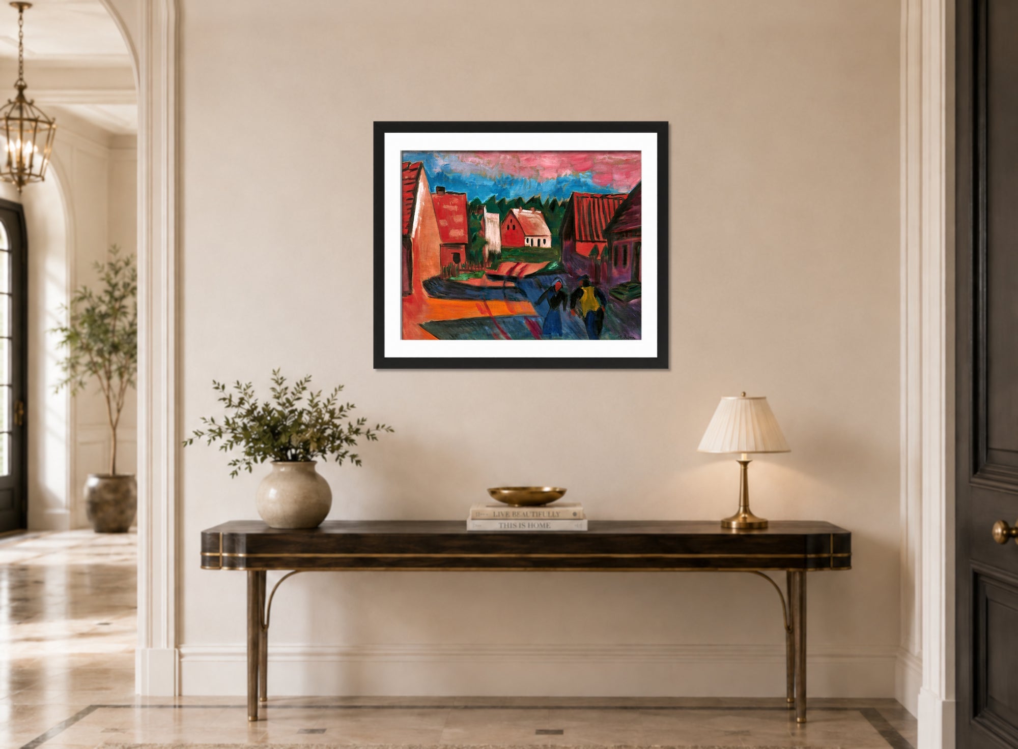 Hermann Max Pechstein Print, Dorfhäuser (1921) displayed above a console table
