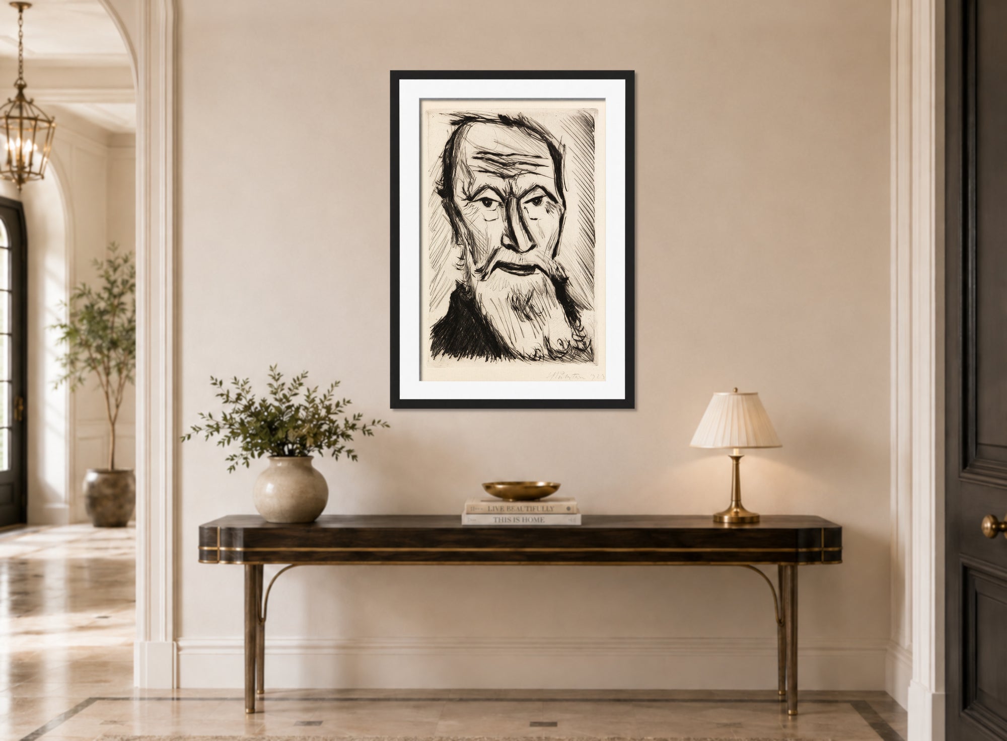 Hermann Max Pechstein Print, Ein Friese (1922) displayed above a console table