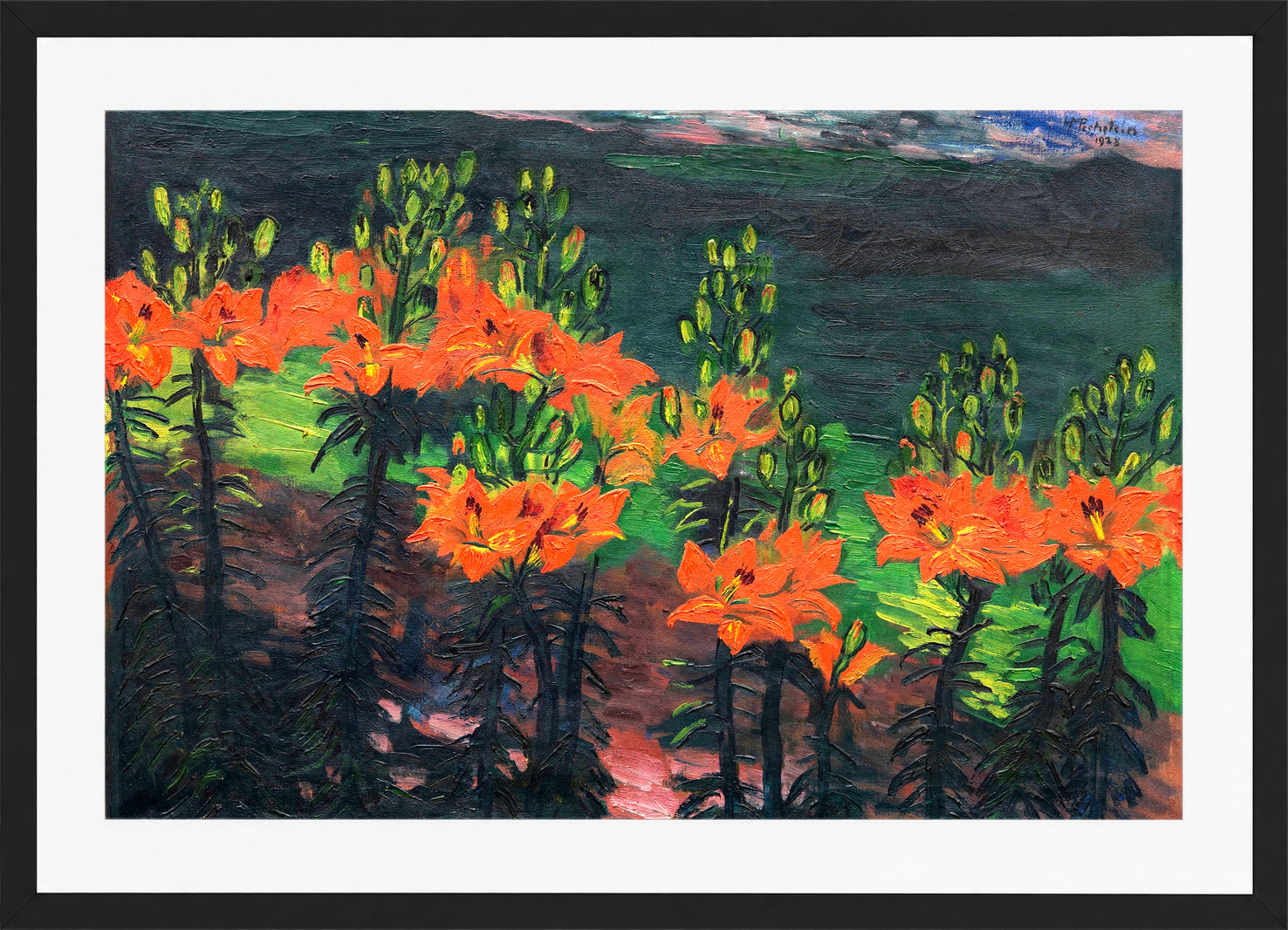 Hermann Max Pechstein Print, Fire Lilies (1928) in a black frame