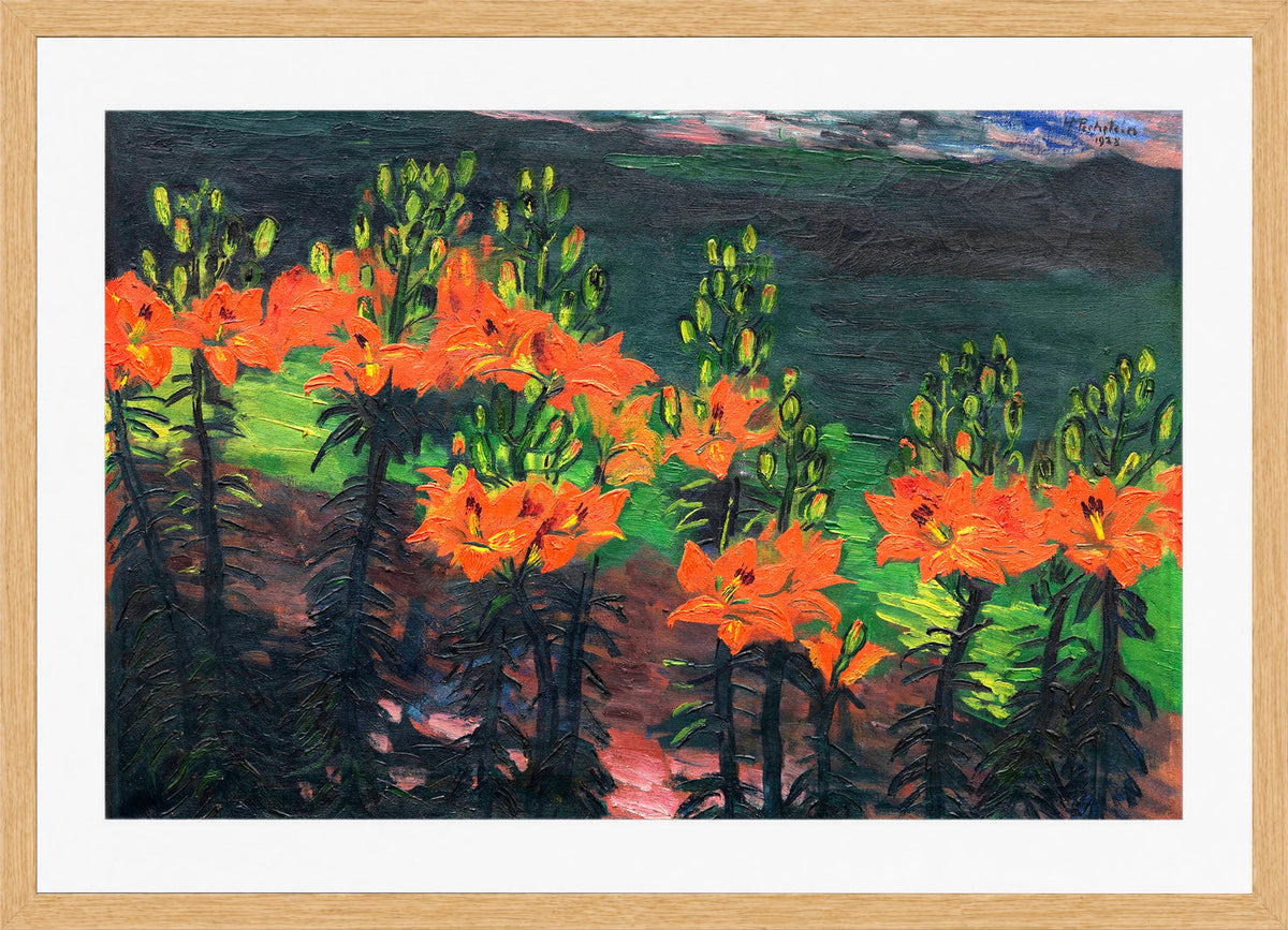 Hermann Max Pechstein Print, Fire Lilies (1928) in a light oak frame