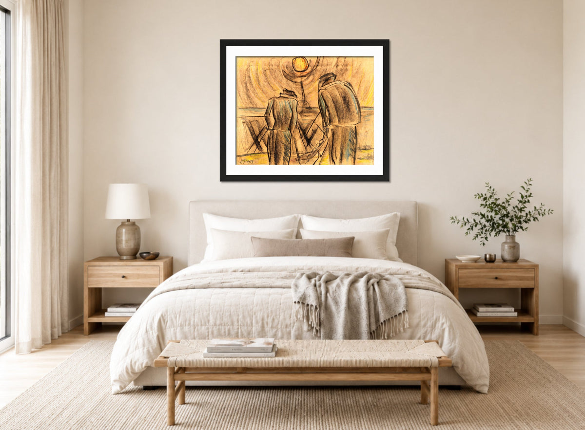Hermann Max Pechstein Print, Fischer (1919) displayed above a bed