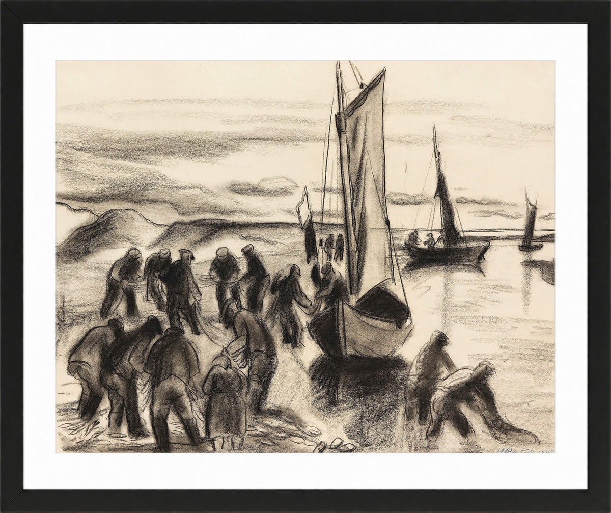 Hermann Max Pechstein Print, Fischer mit Booten an der Lupow-Mündung in Pommern (1930) in a black frame