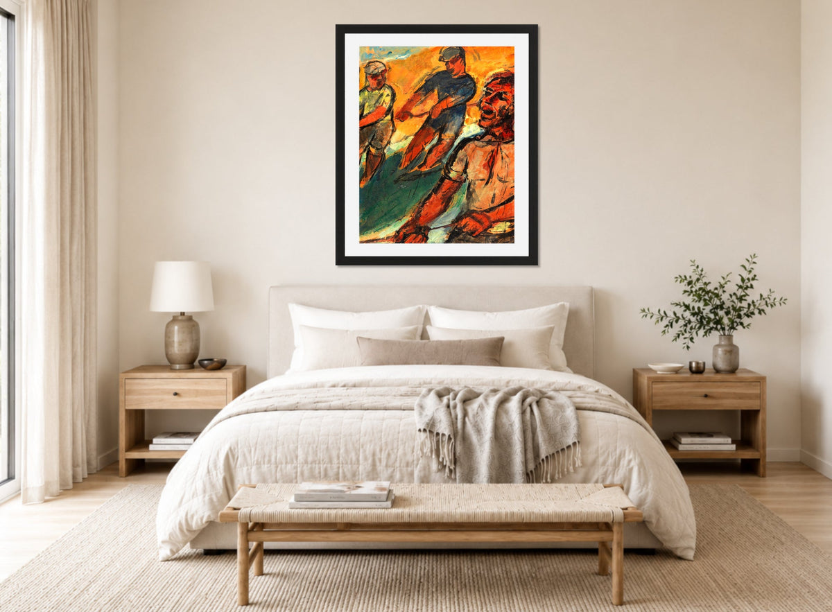 Hermann Max Pechstein Print, Fischer Netz ziehend (1924) displayed above a bed