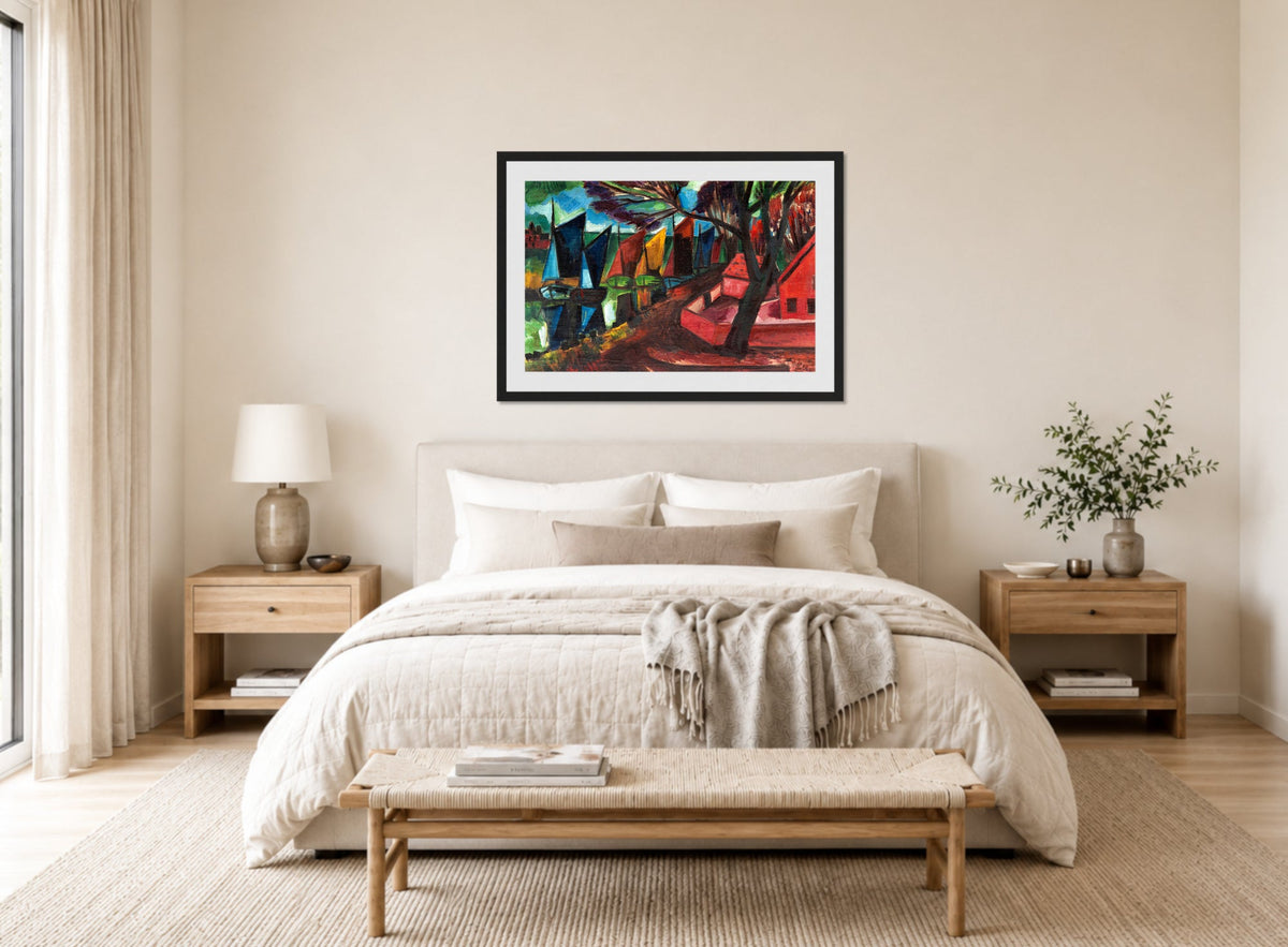 Hermann Max Pechstein Print, Fischerkutter (1923) displayed above a bed