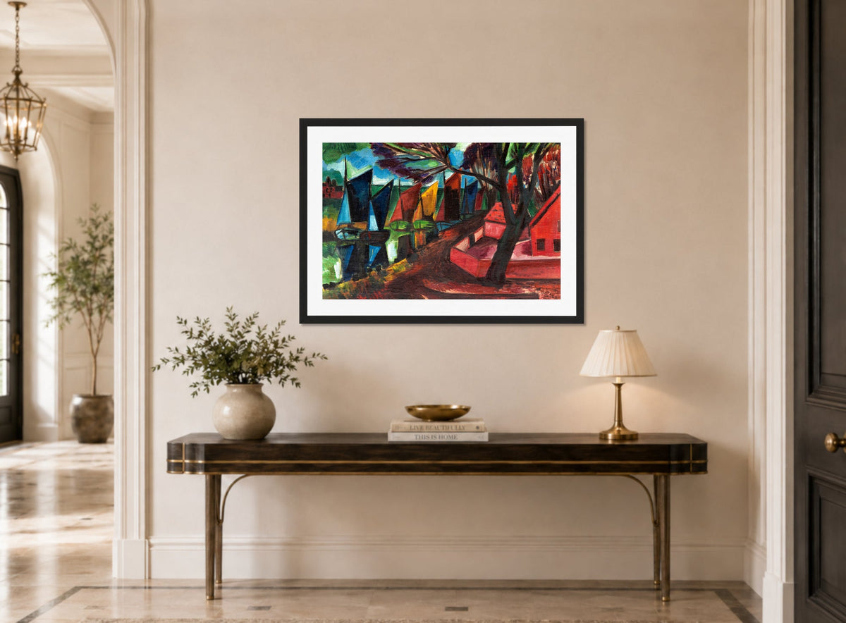 Hermann Max Pechstein Print, Fischerkutter (1923) displayed above a console table