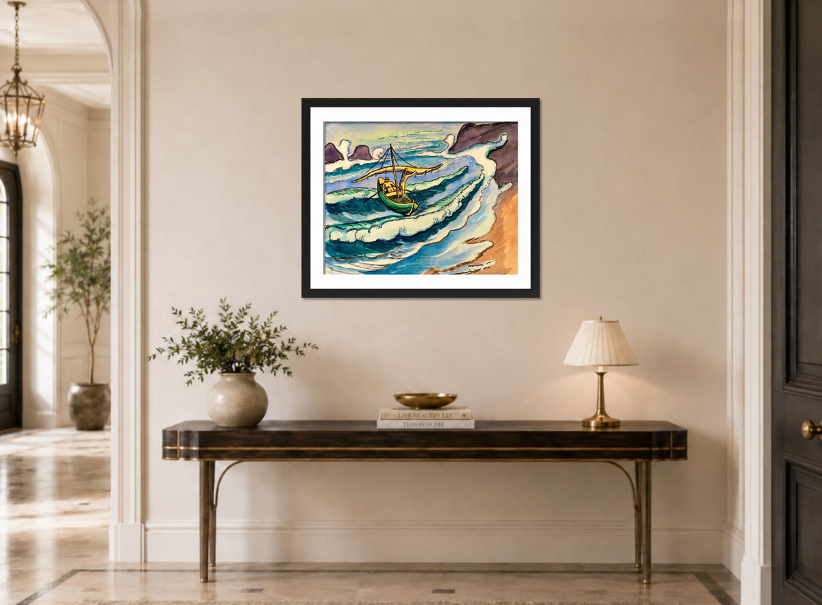 Hermann Max Pechstein Print, Fischerleben Monterosso (1951) displayed above a console table