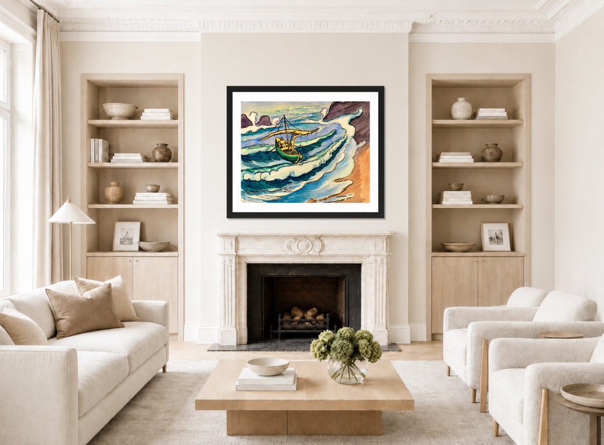 Hermann Max Pechstein Print, Fischerleben Monterosso (1951) displayed in a living room