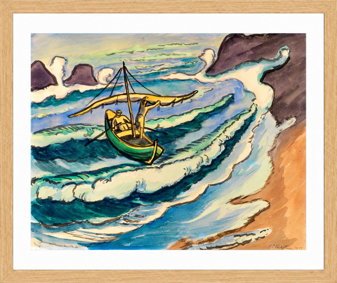 Hermann Max Pechstein Print, Fischerleben Monterosso (1951) in a light oak frame