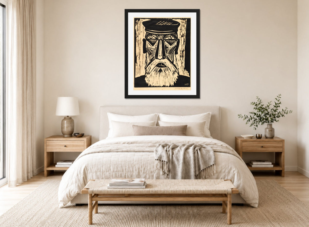 Hermann Max Pechstein Print, Fisherman’s Head IX (1921) displayed above a bed