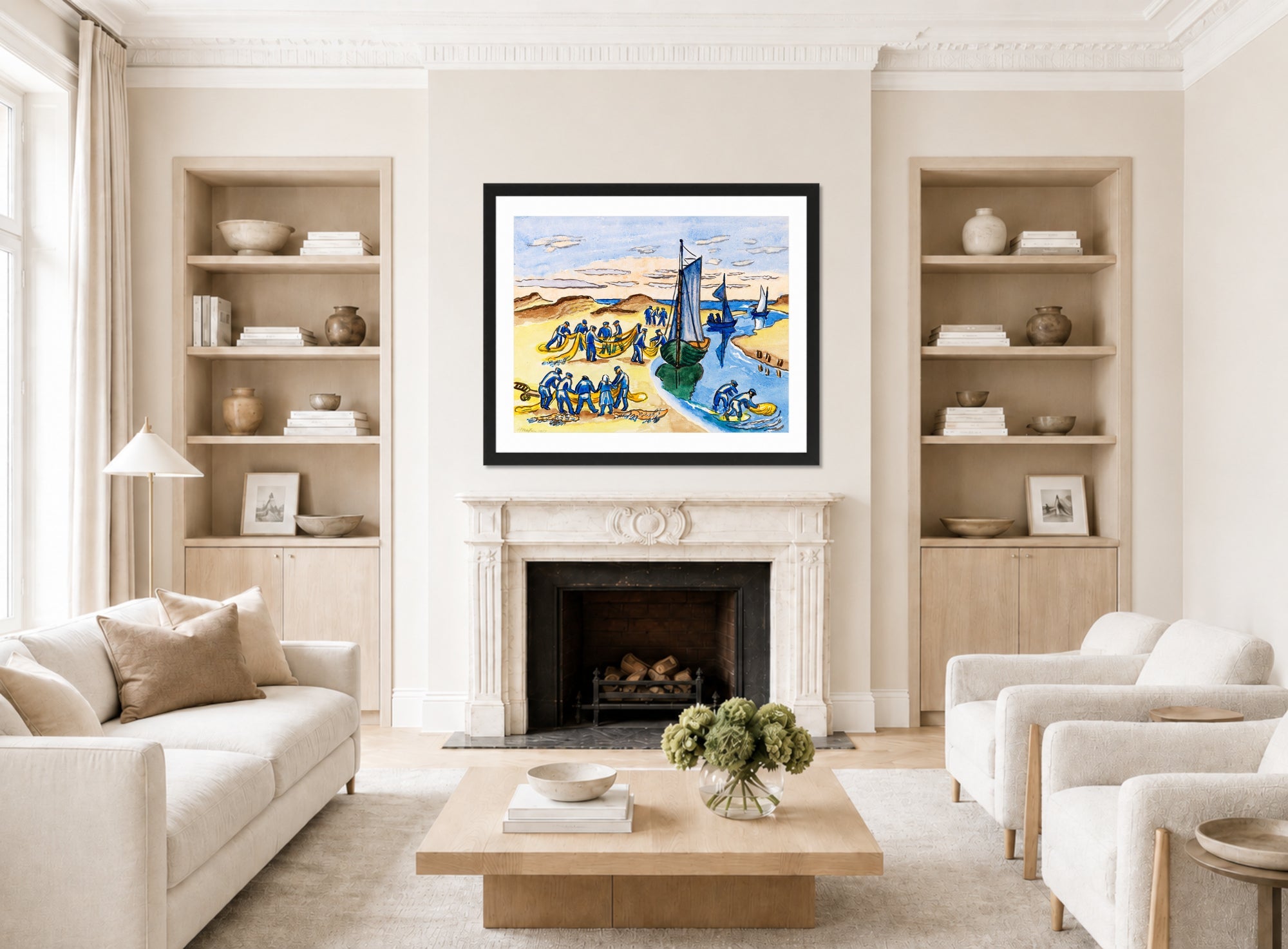 Hermann Max Pechstein Print, Fishermen at work on the beach (1951) displayed in a living room