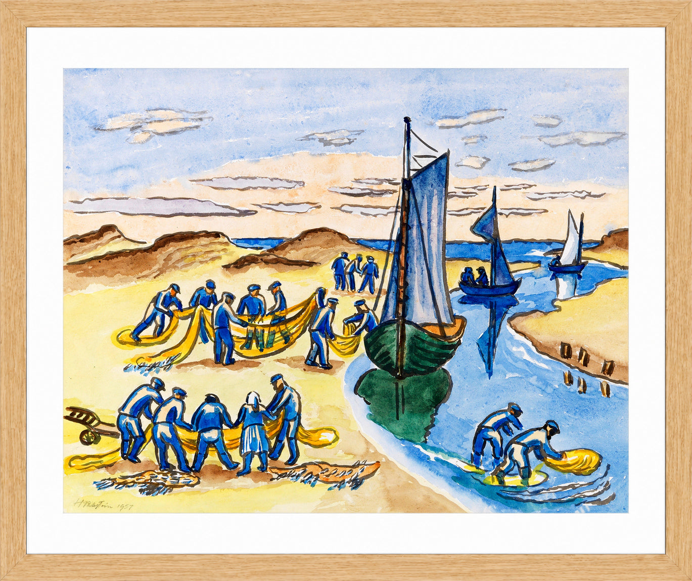 Hermann Max Pechstein Print, Fishermen at work on the beach (1951) in a light oak frame