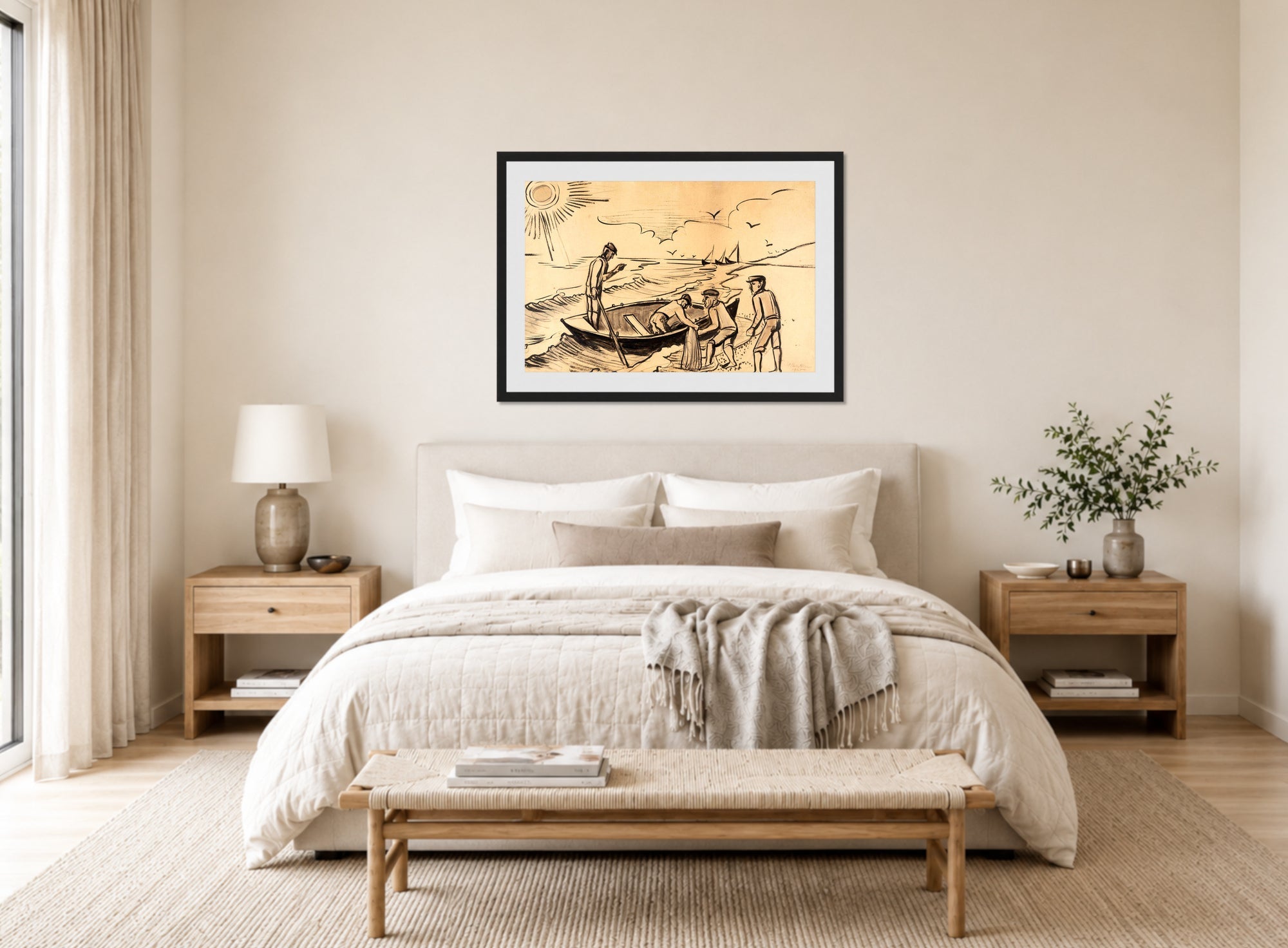 Hermann Max Pechstein Print, Fishermen by the Sea (1920) displayed above a bed