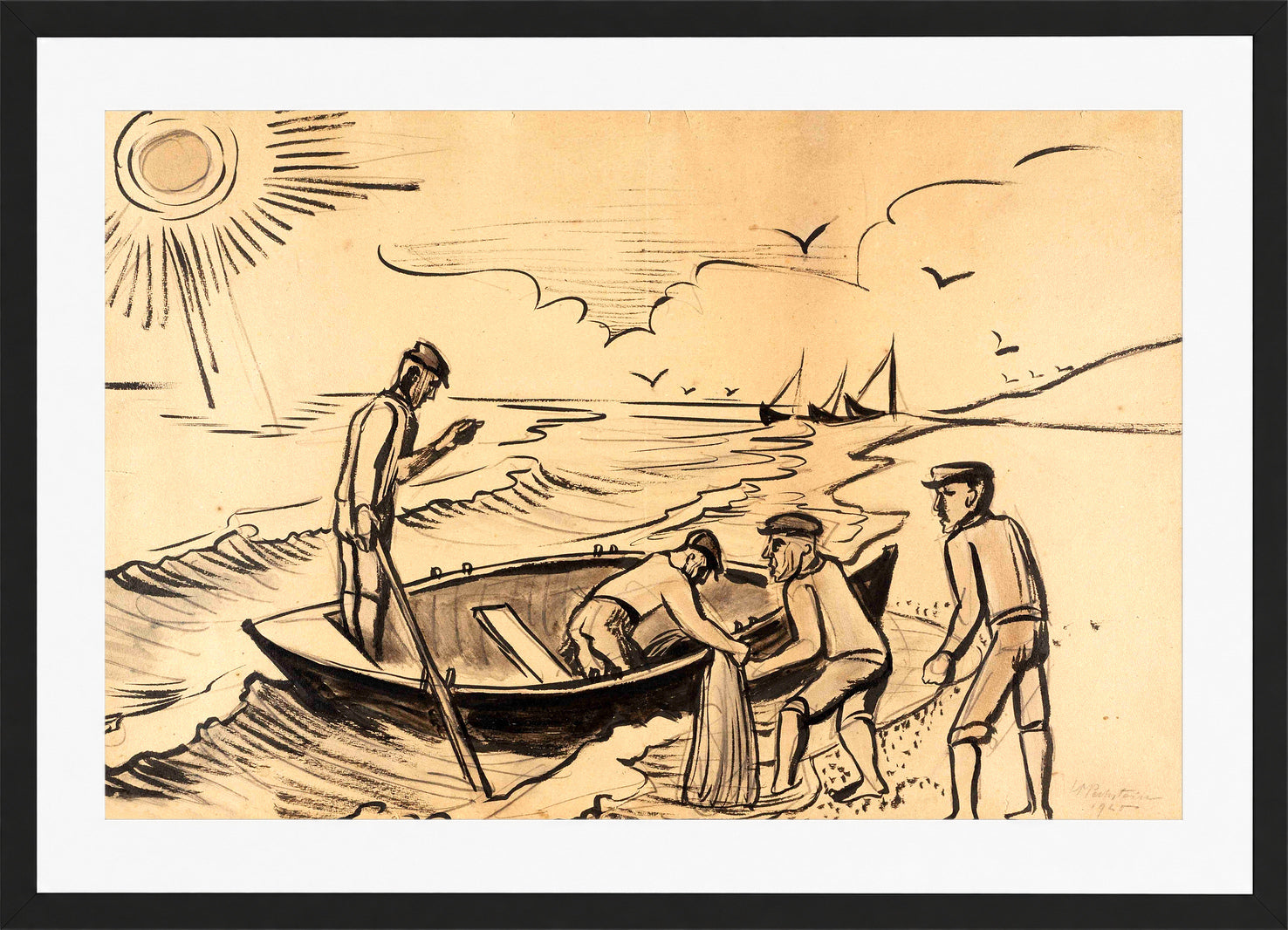 Hermann Max Pechstein Print, Fishermen by the Sea (1920) in a black frame