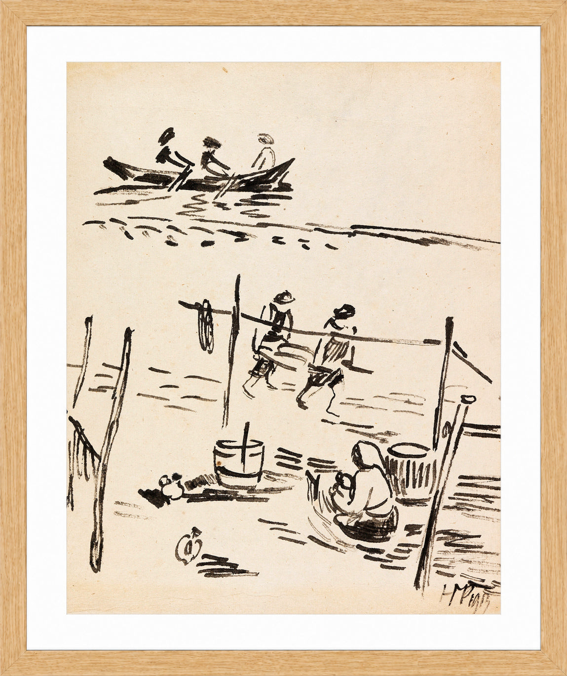 Hermann Max Pechstein Print, Fishermen on the Beach (1912) in a light oak frame