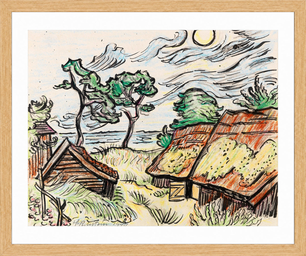 Hermann Max Pechstein Print, Fishermen’s houses in Ückeritz (1949) in a light oak frame