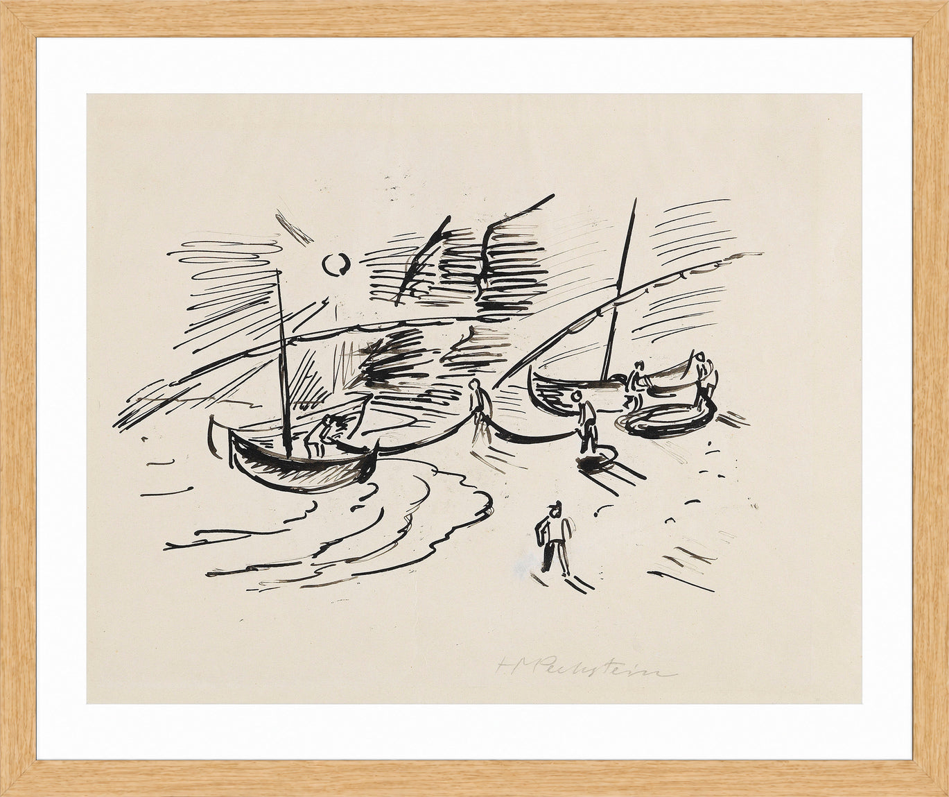 Hermann Max Pechstein Print, Fishermen’s Life, Monterosso (1924) in a light oak frame